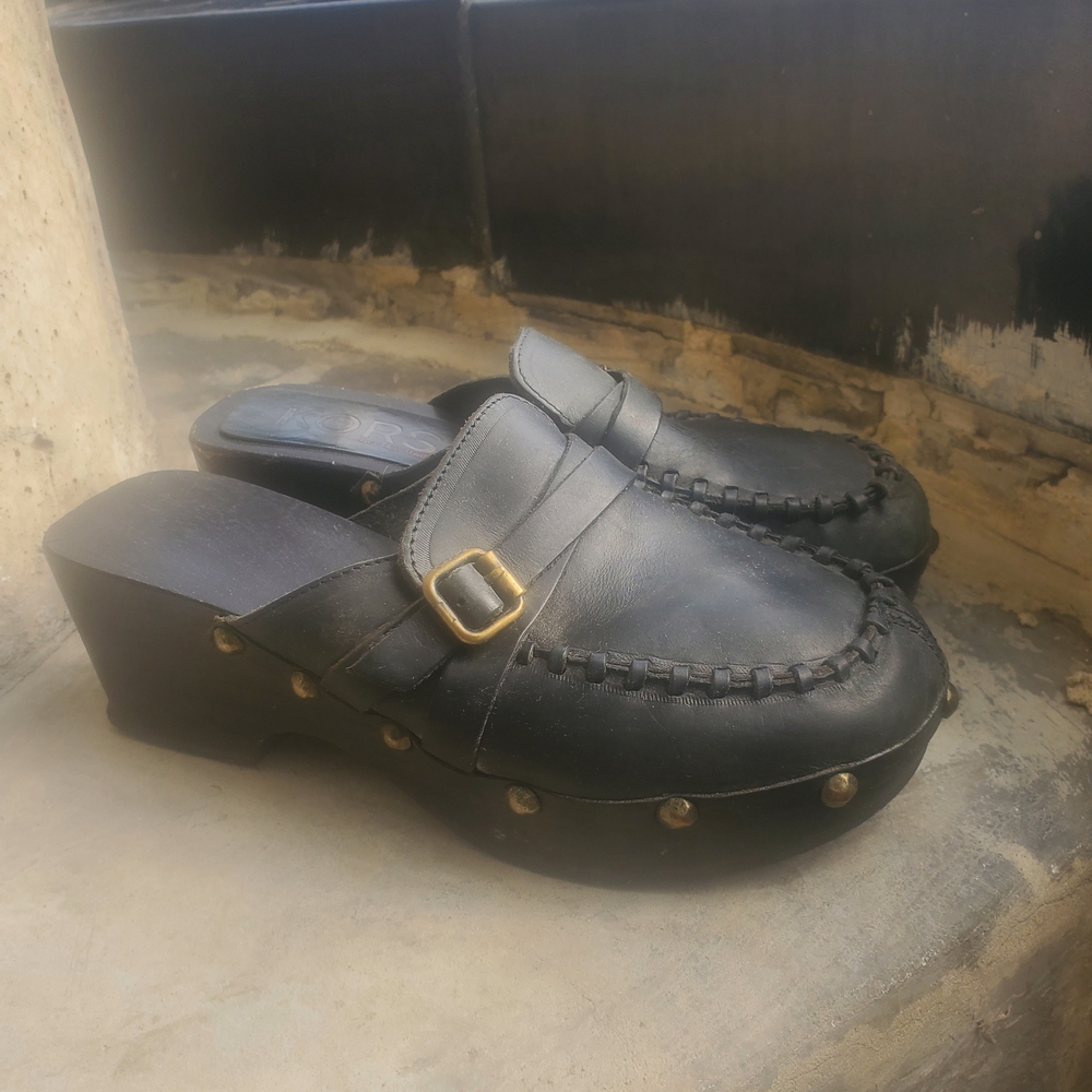 Michael Kors Black Leather Mules with Buckle Detail